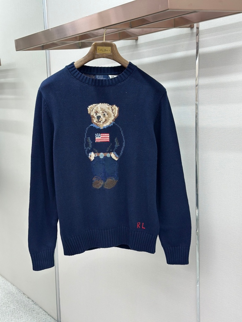 Navy American Flag Polo Bear Crewneck Knit Sweater
